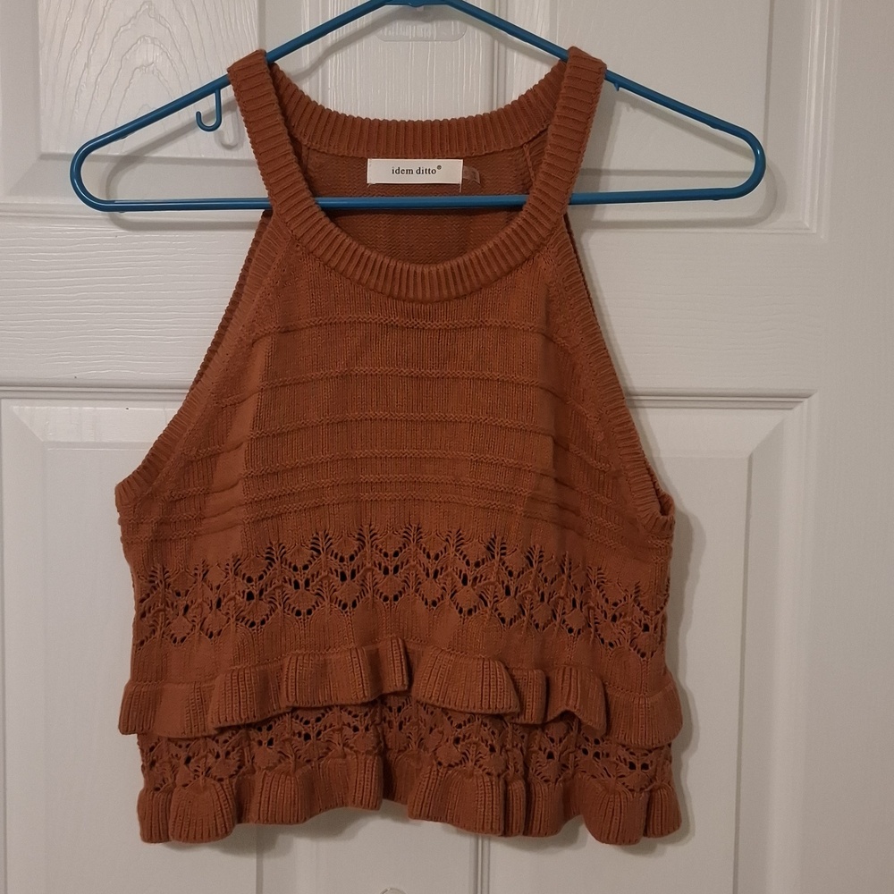 Idem ditto sz S, sweater tank in Sienna with intricate pointelle detail. NWOT
